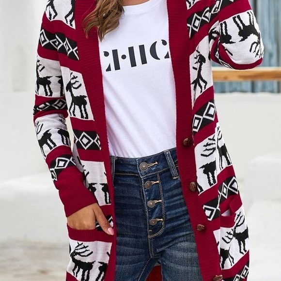 Red Christmas Elk Print Buttoned V Neck Knitted Sweater - Picture 11 of 11